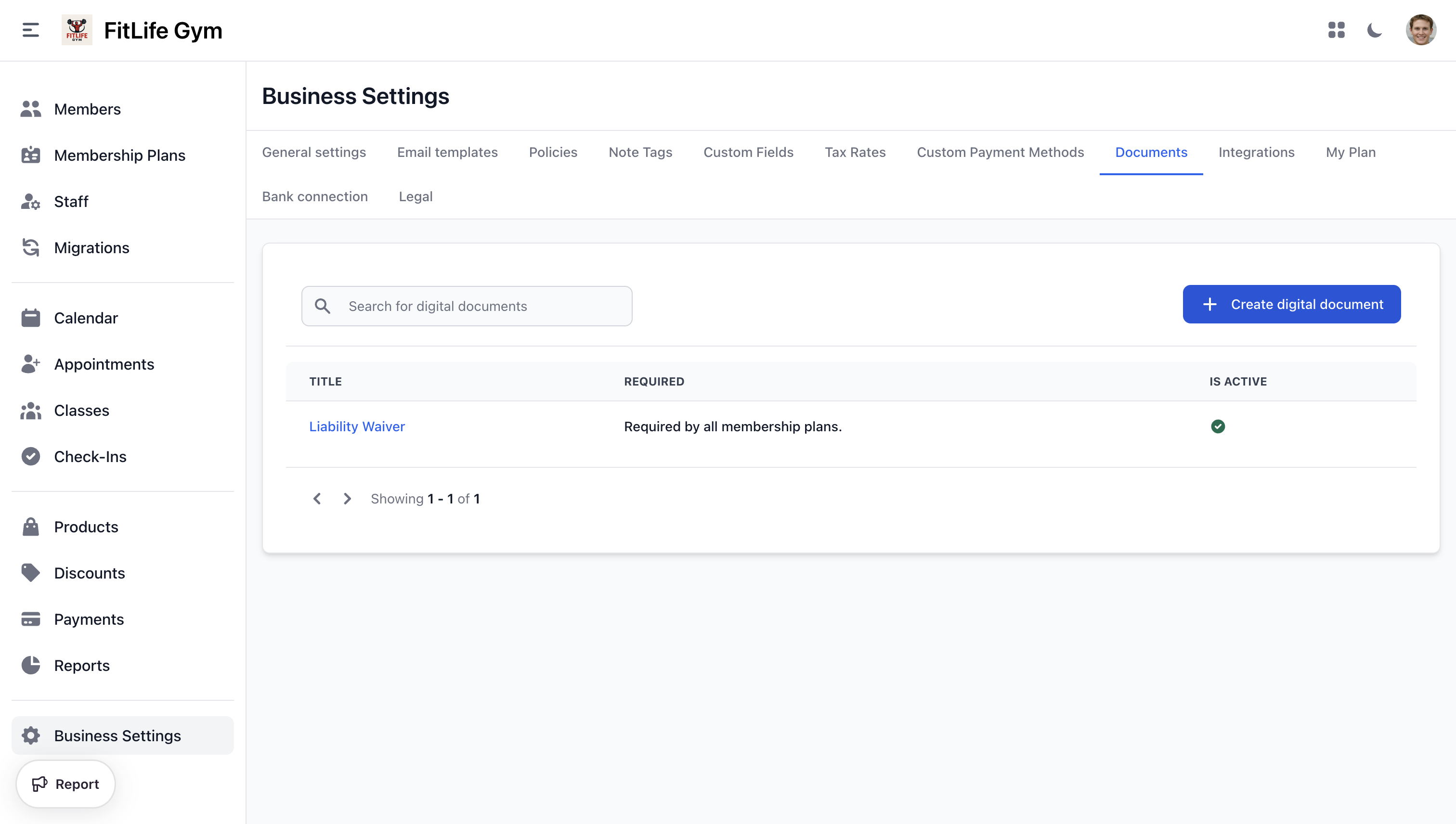 Document list in Business Settings showing title, required plans, and status