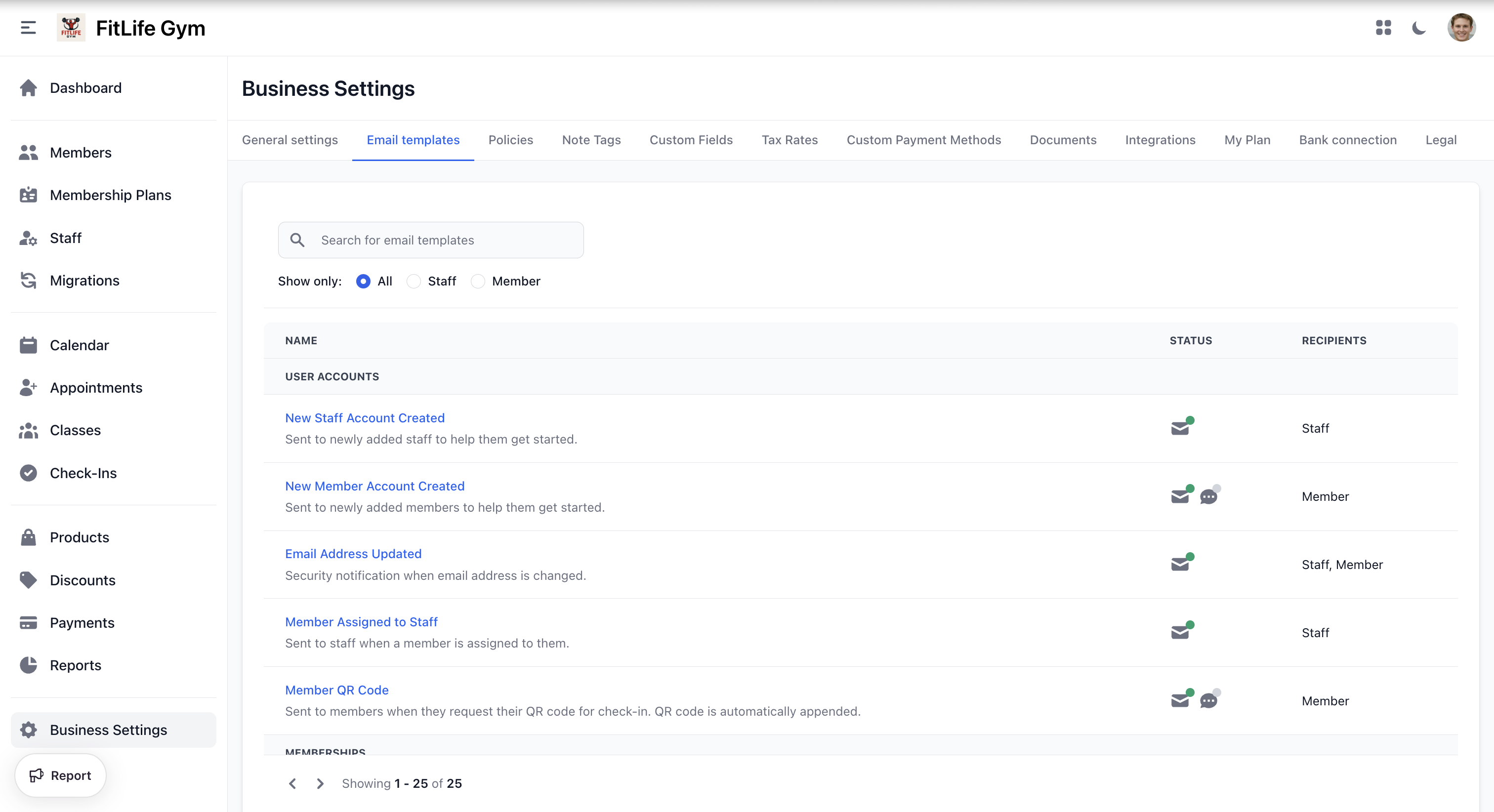 Customize automated email templates for gym notifications