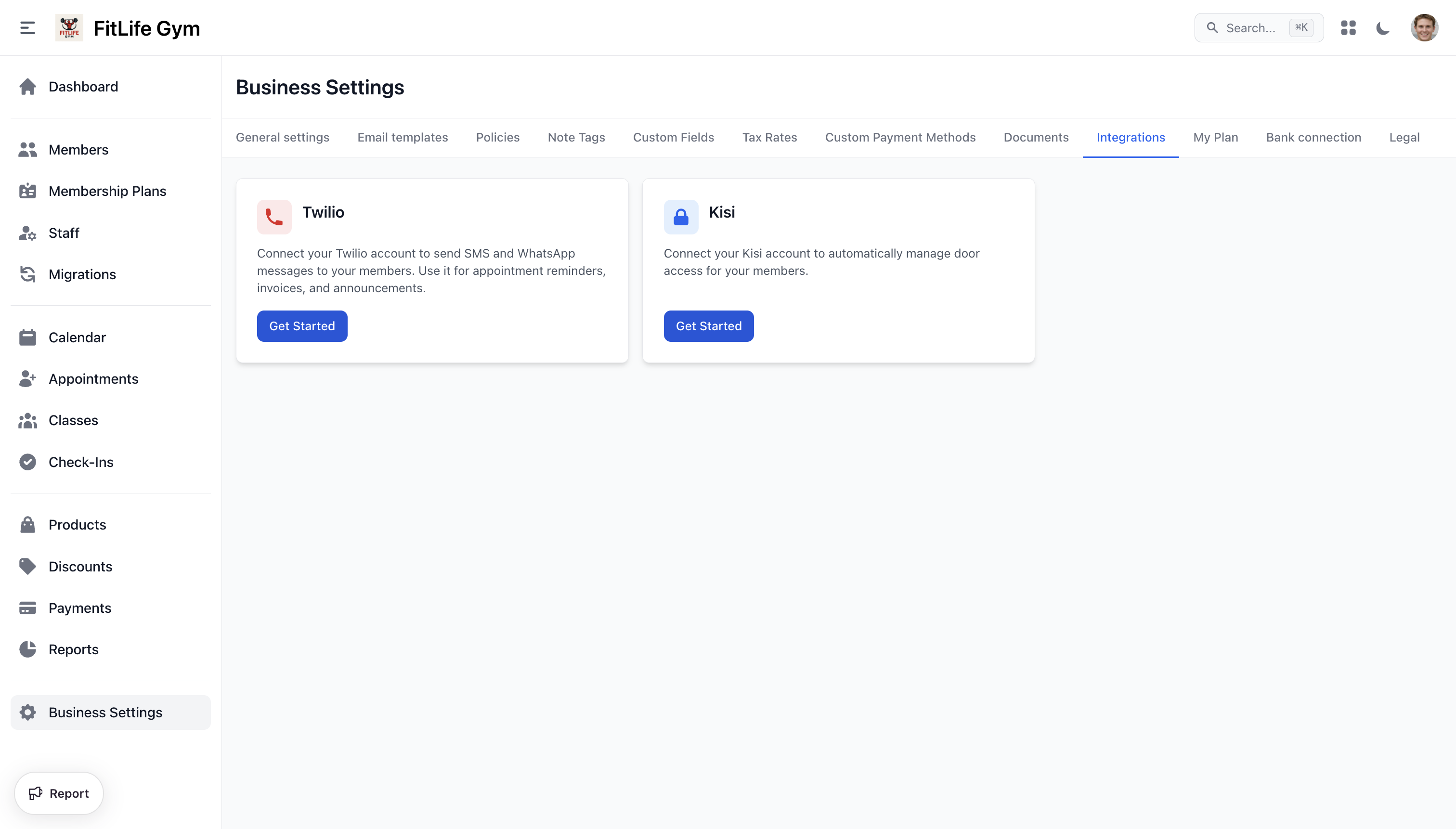 Integrations overview page showing Twilio and Kisi cards