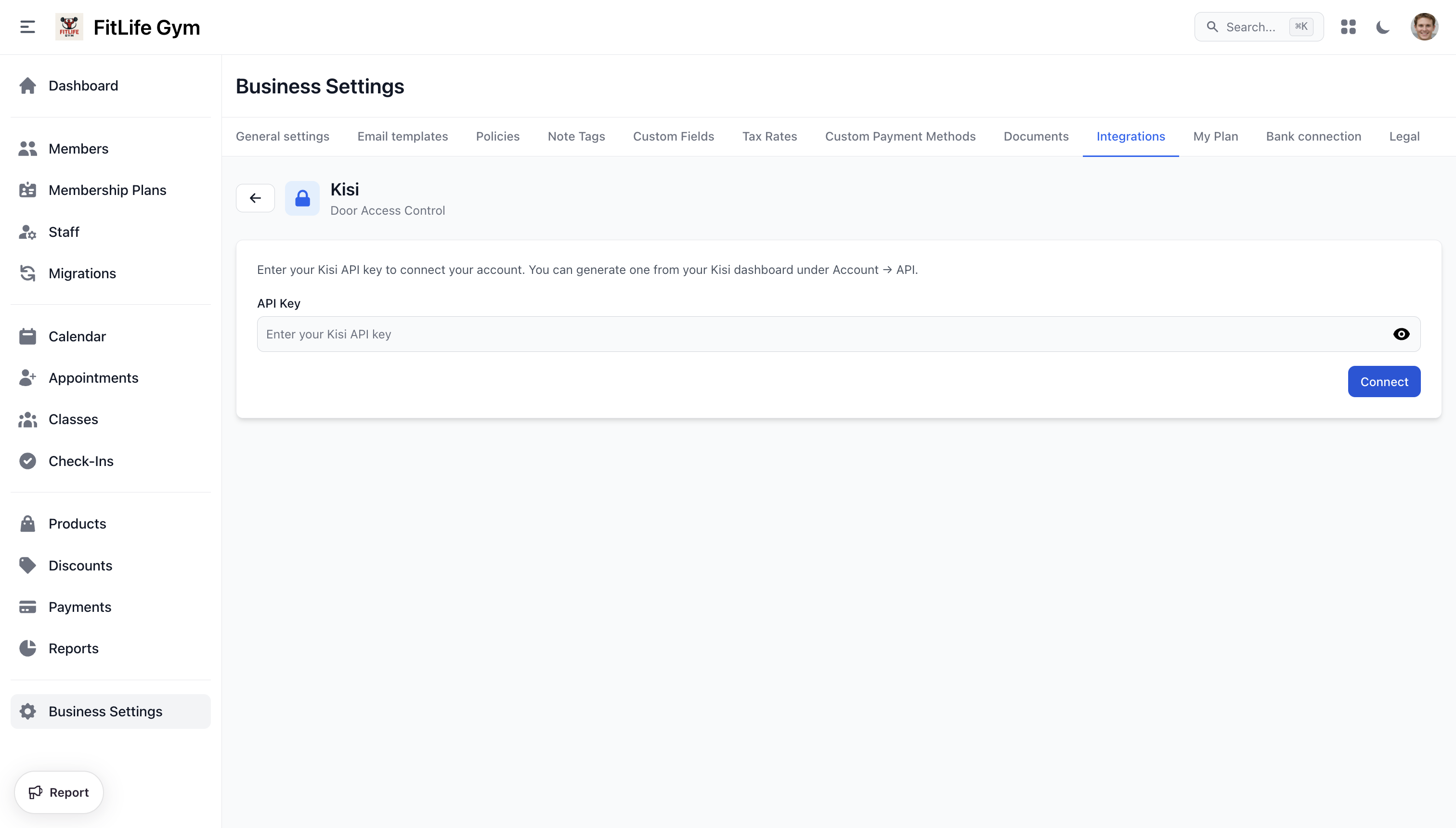 Kisi connect form with API key input