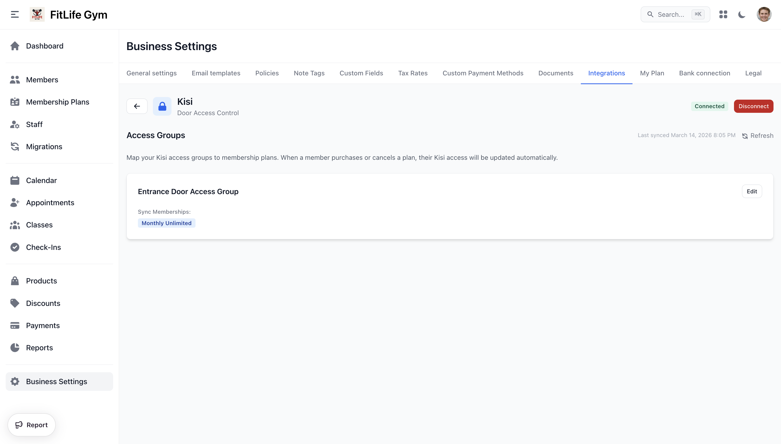 Kisi connected with access groups mapped to membership plans