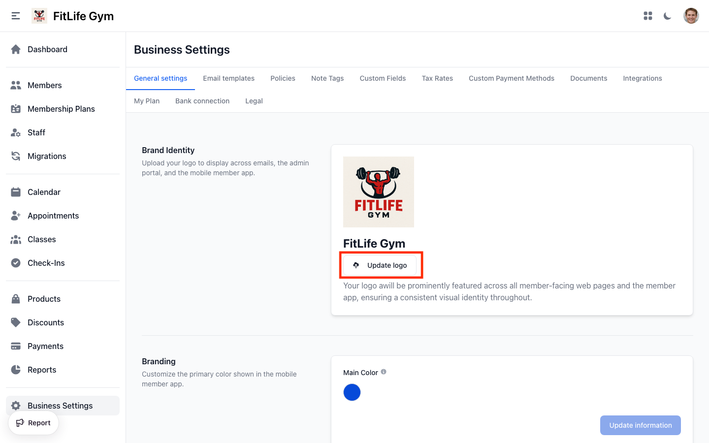 Upload gym logo in Finegym general settings