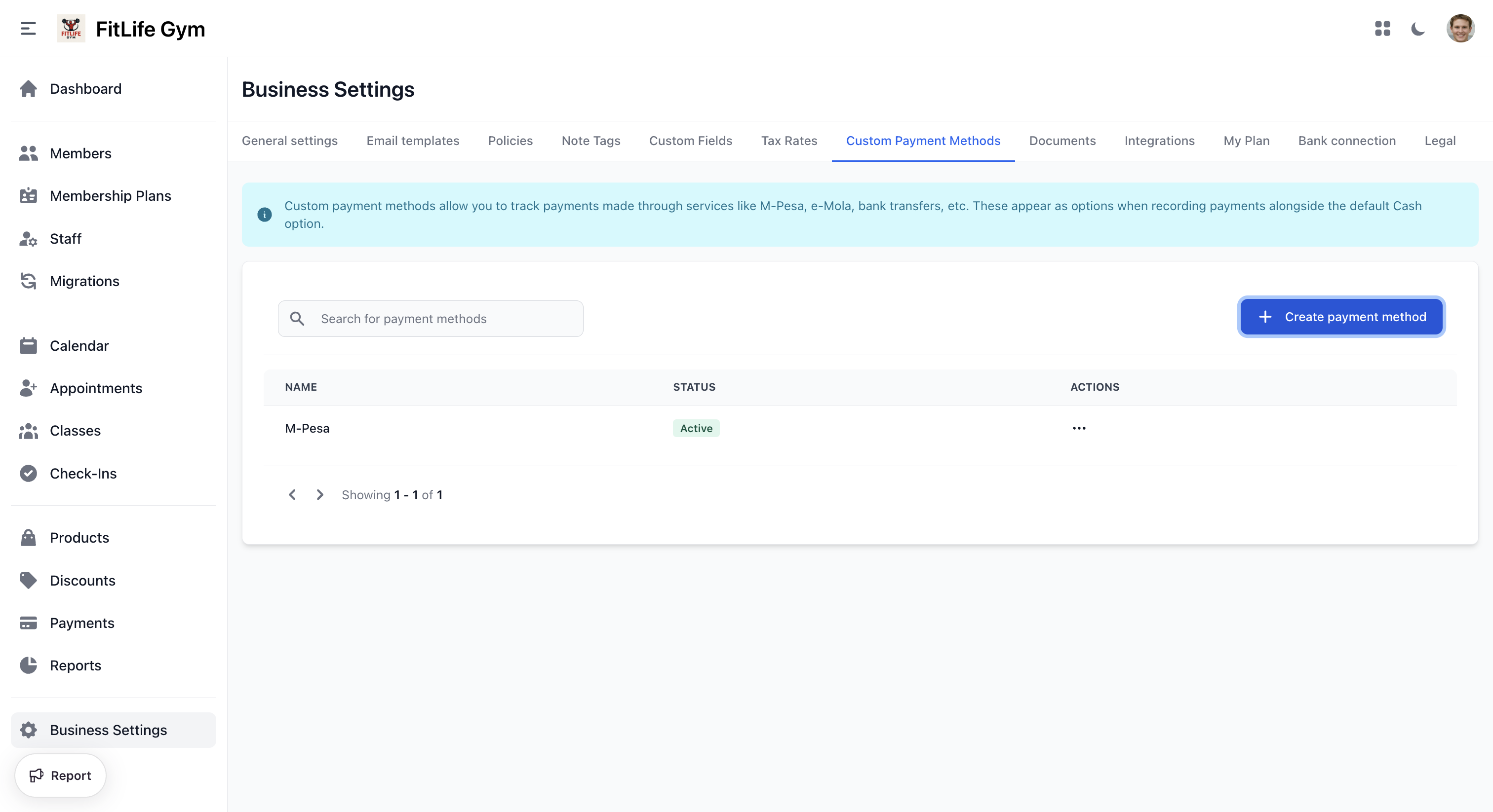 Configure gym payment methods - cash, card, and bank transfer