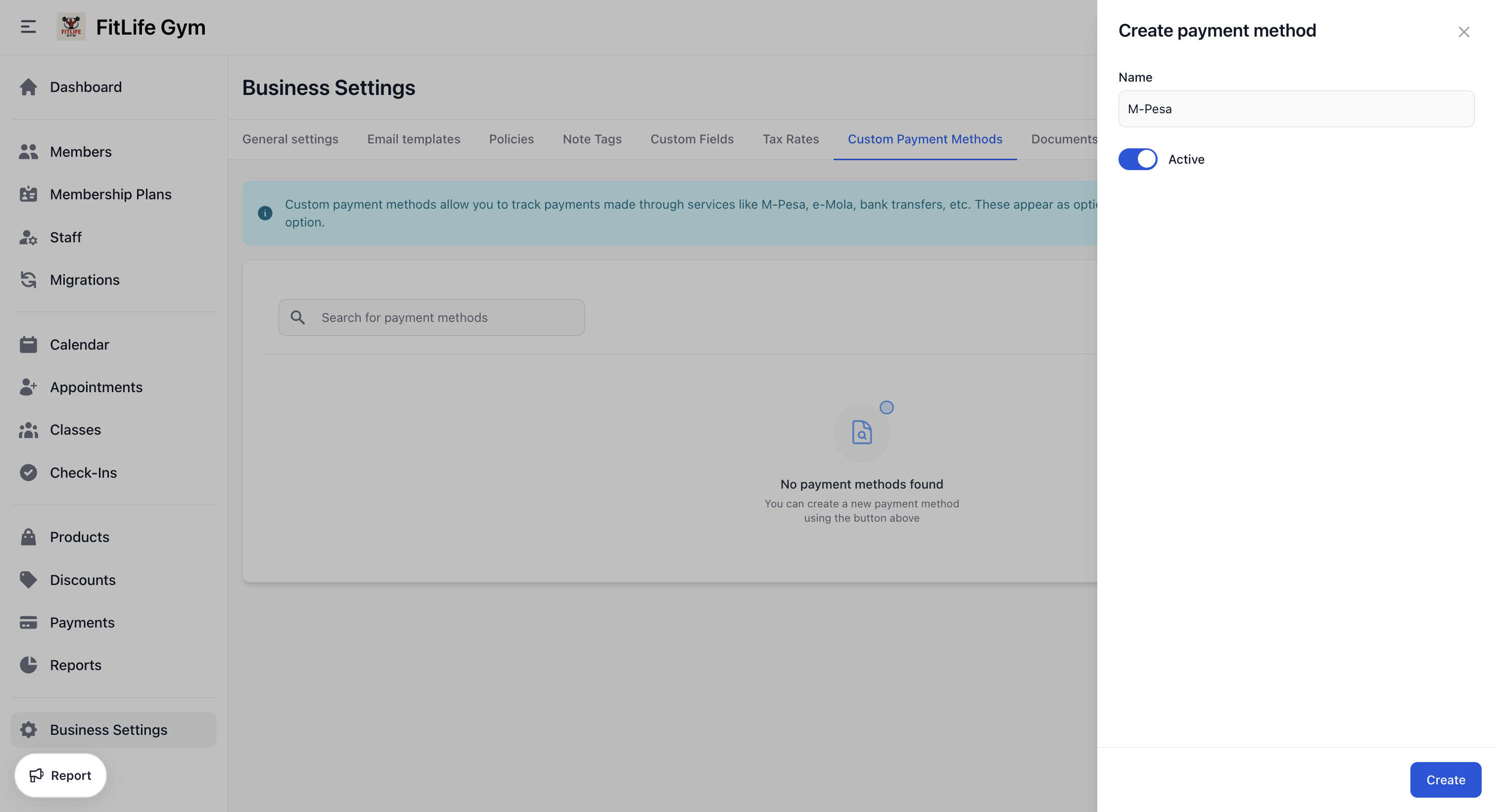 Configure gym payment methods - cash, card, and bank transfer