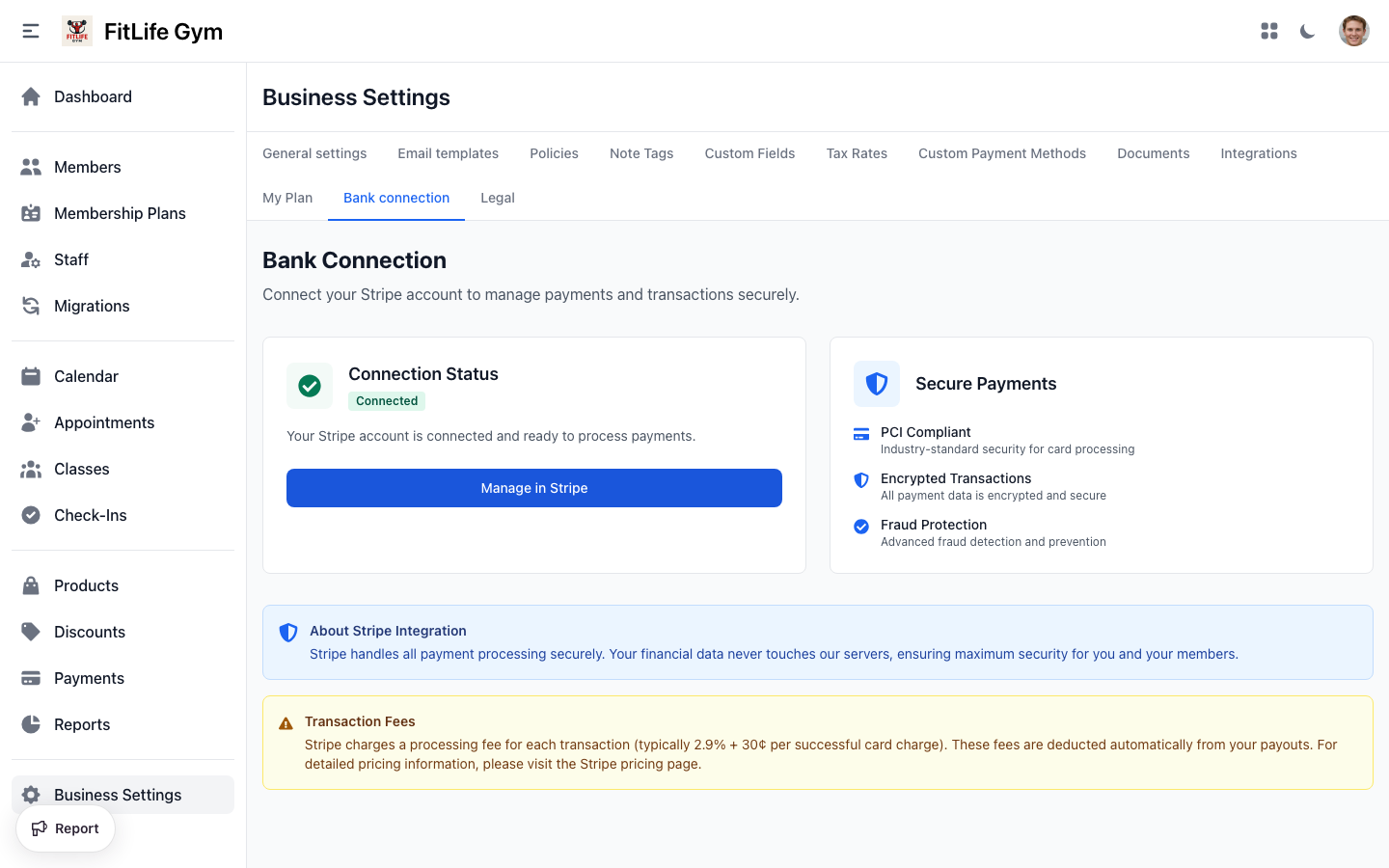 Connect Stripe payment processing to your gym account