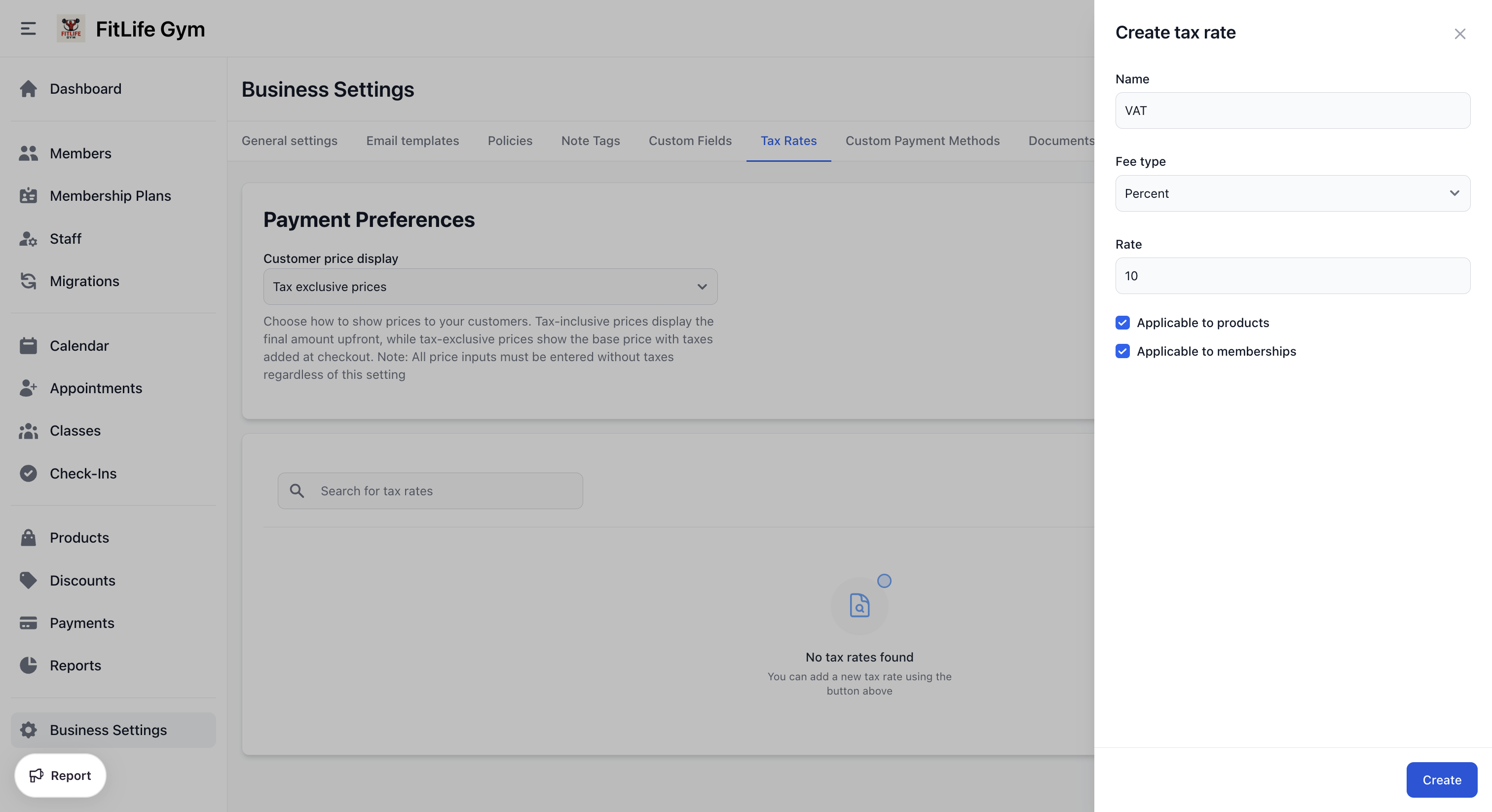 Set up tax rates for gym memberships and products