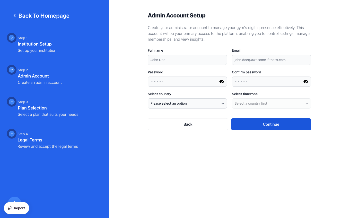 Finegym onboarding step 2 - enter business details and location