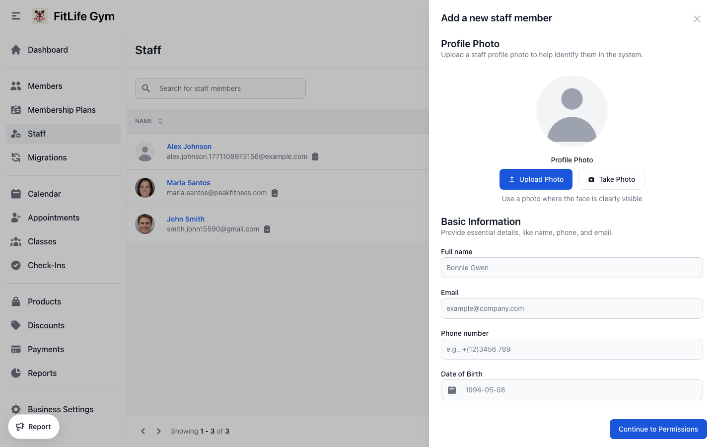 Add gym staff member form with name, email, role, and contact details