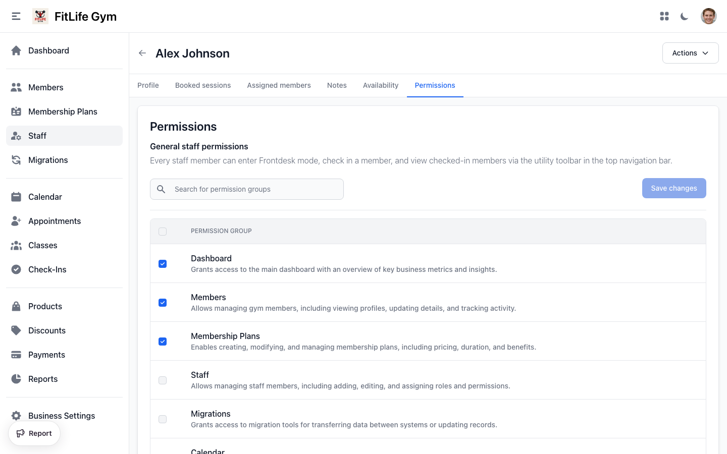 Configure gym staff permissions - admin, instructor, and custom roles
