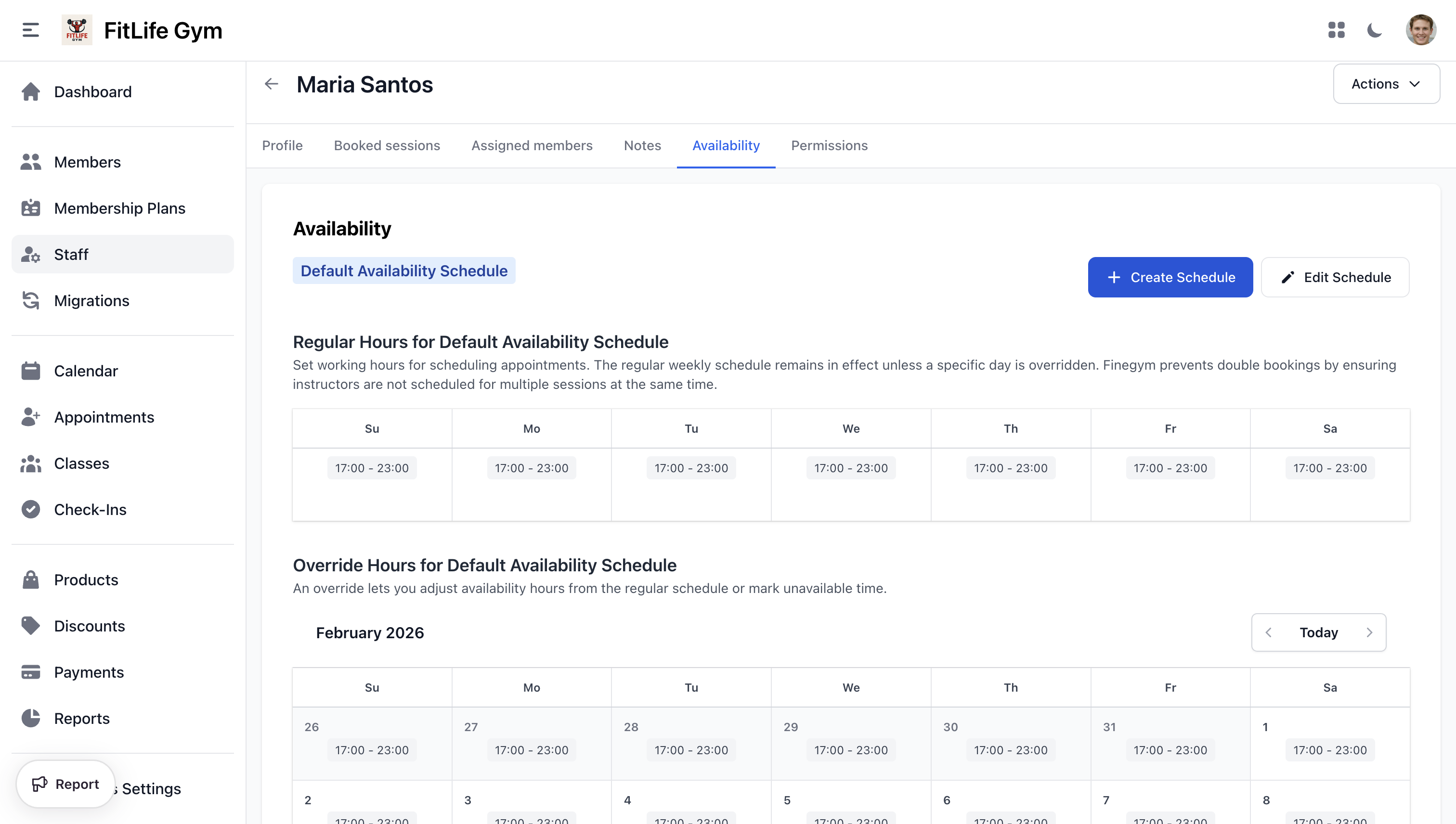 Staff regular weekly availability schedule with time slots